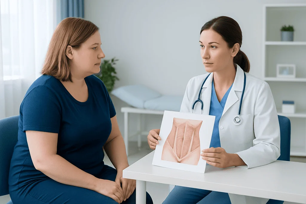 Doctor explaining abdominal anatomy to patient in consultation room.