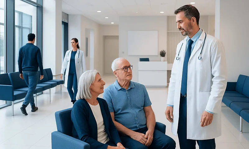 Doctor consulting with elderly patients in hospital lobby.