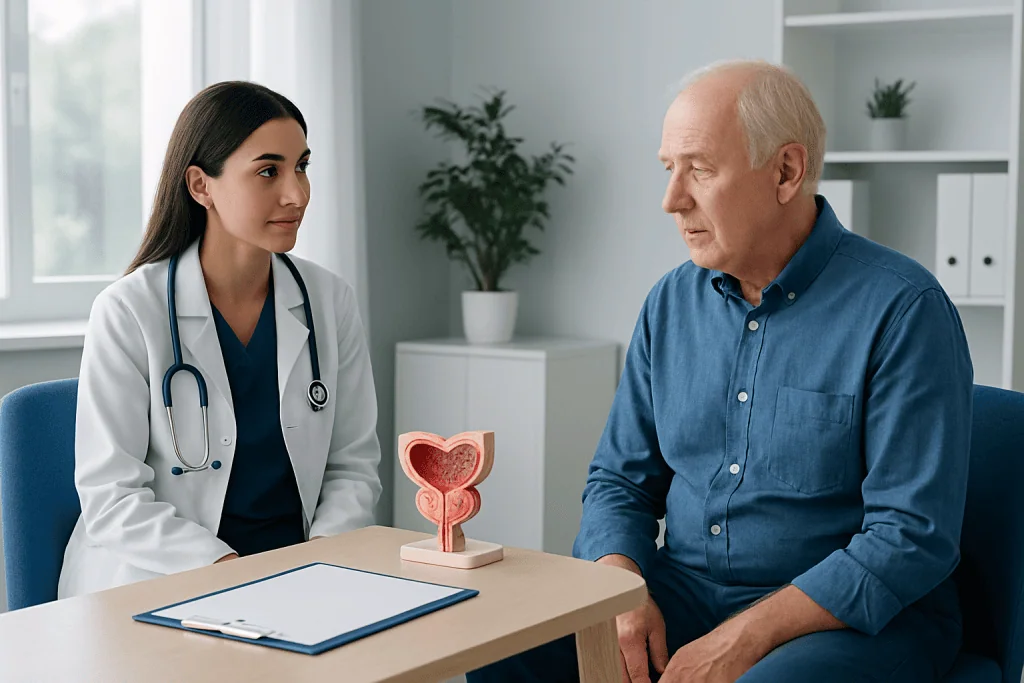 Urologist explaining prostate health to an elderly patient in a clinic.