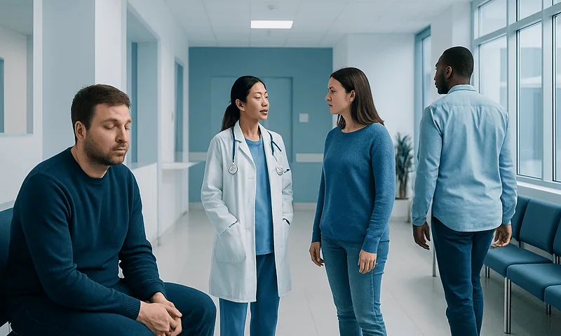 Typical Cold — Explained by Medical Evidence, Not Myths 6 Medical consultation in a hospital corridor with doctor and patients.