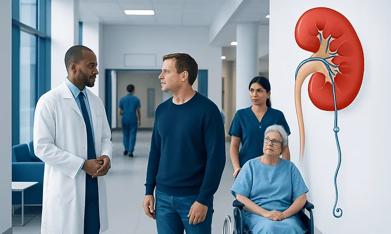 Doctor discussing with patient and medical staff in hospital corridor.