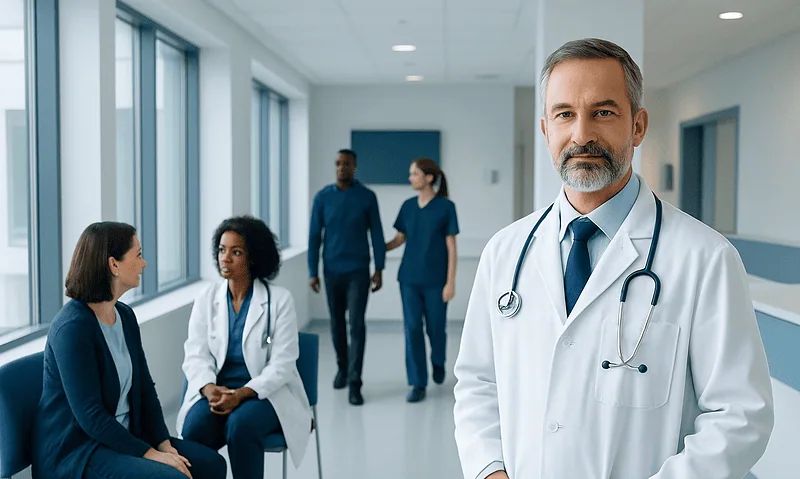 Urologist with medical team in hospital corridor.