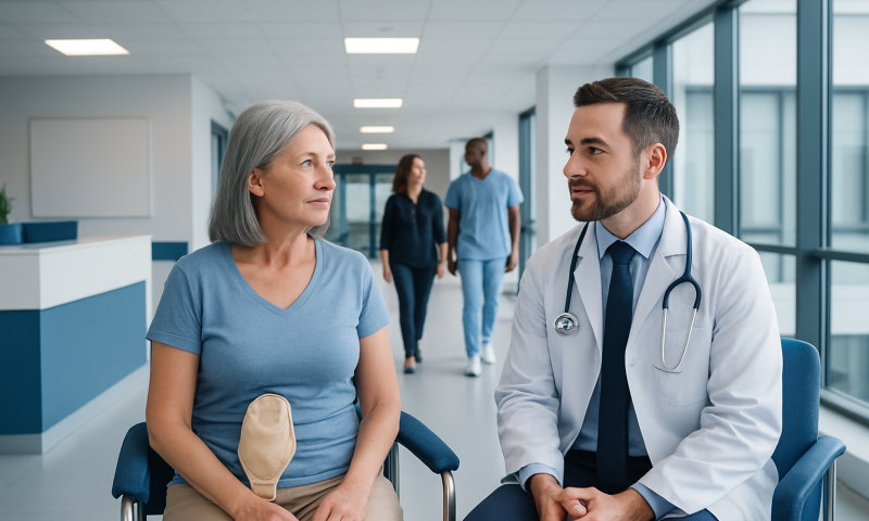 Doctor consulting with a female patient in a hospital corridor.