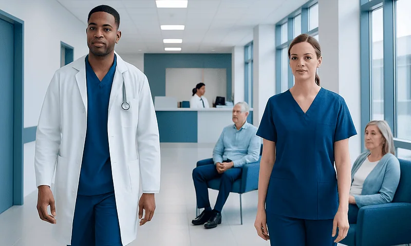 Healthcare professionals and patients in a modern hospital corridor.