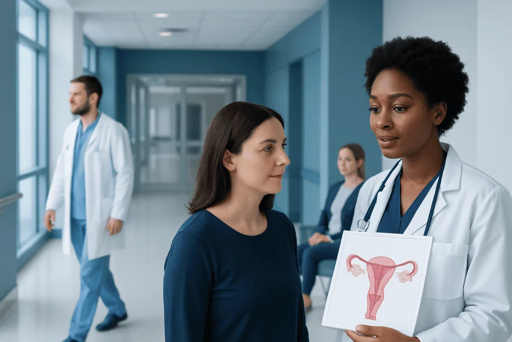 Vaginal Diagram Explained: Causes, Management, and When to See a Doctor 1 Doctor explains vaginal health using diagram to patient in hospital corridor.