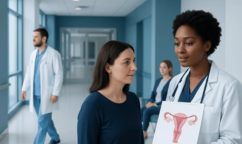 Vaginal Diagram Explained: Causes, Management, and When to See a Doctor 4 Doctor explains vaginal health using diagram to patient in hospital corridor.