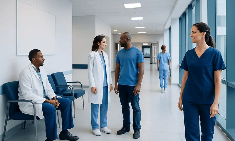 Medical staff and patient in hospital corridor at Acibadem Hospitals Group.