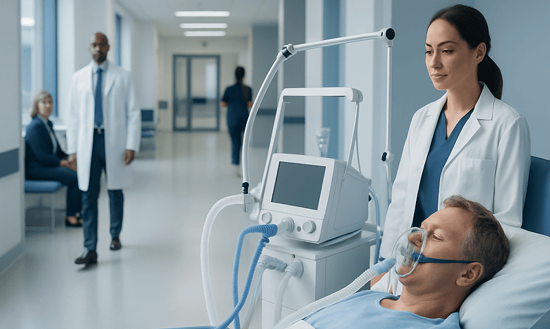 Patient on ventilator in hospital with medical staff nearby.