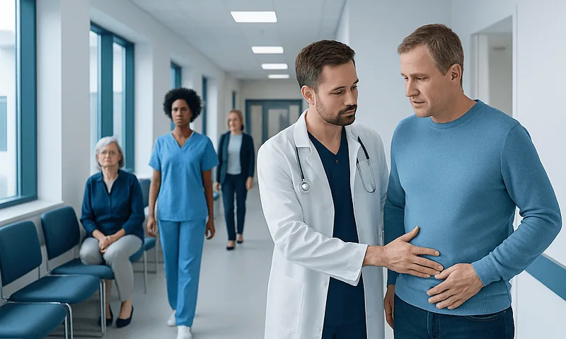 Doctor examining a patient in a hospital corridor with medical staff in background.