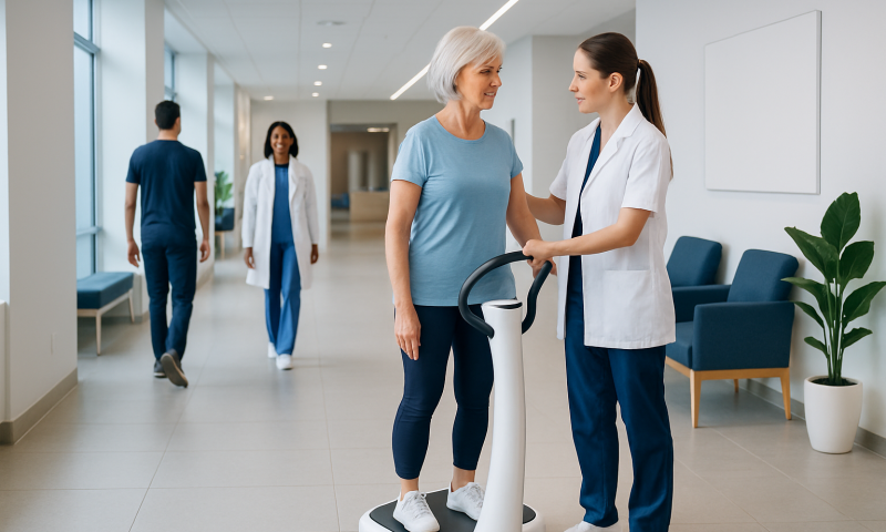 Vibration Plate: A Complete Medical Overview 9 Elderly woman on a medical vibration plate with healthcare professional in hospital corridor.