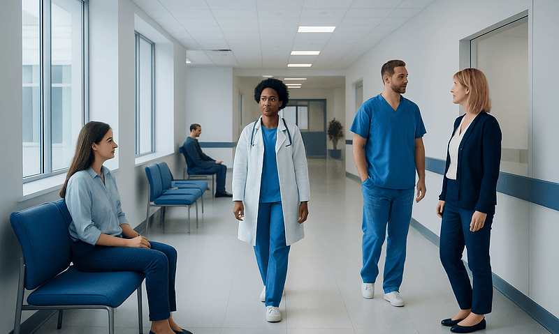 Healthcare professionals and patients in a hospital corridor.