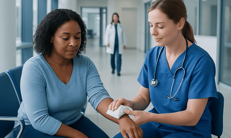 Nurse applying a bandage to a patient's arm in a hospital corridor.