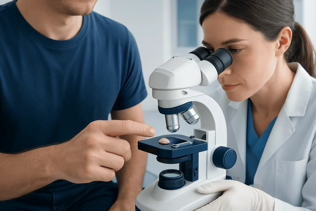 Medical professional examining a coin under a microscope with a patient.