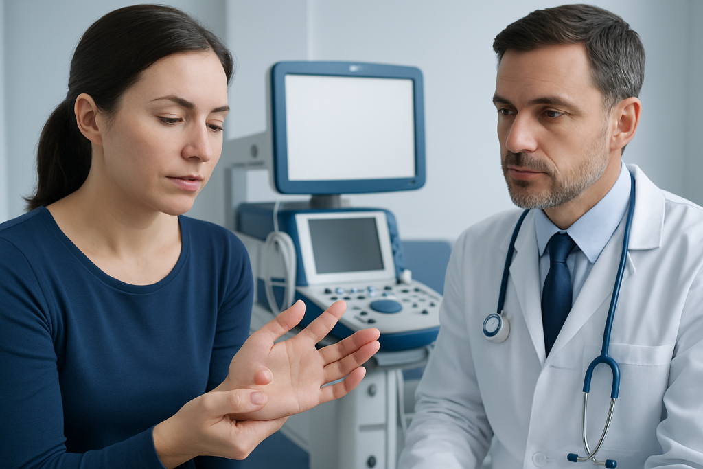 Doctor examining a patient's hand in a medical consultation room.