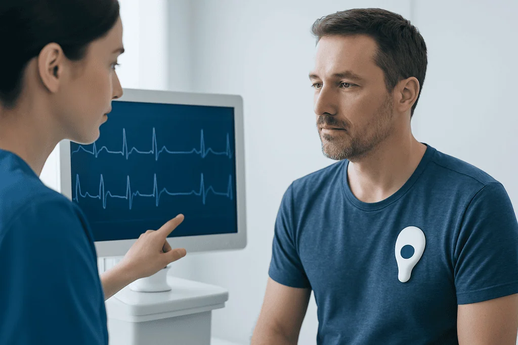 Patient wearing a wearable ECG patch monitored by a healthcare professional.
