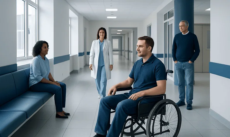 Patient in wheelchair talking with medical staff in hospital corridor.