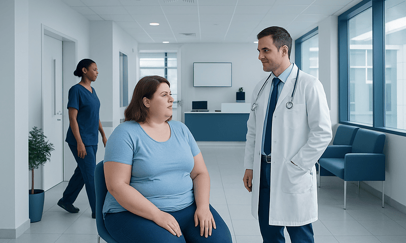Doctor consulting a patient in a modern hospital corridor.