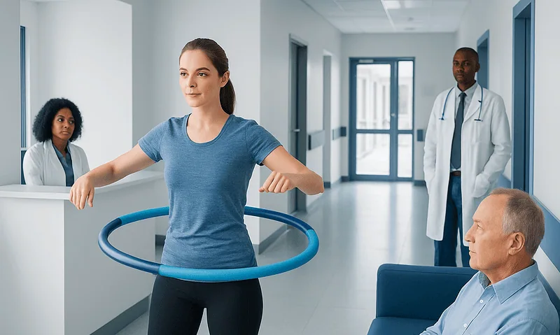 Young woman demonstrating hula hoop exercise in hospital setting.