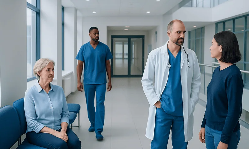 Medical team consulting with a patient in a hospital corridor.
