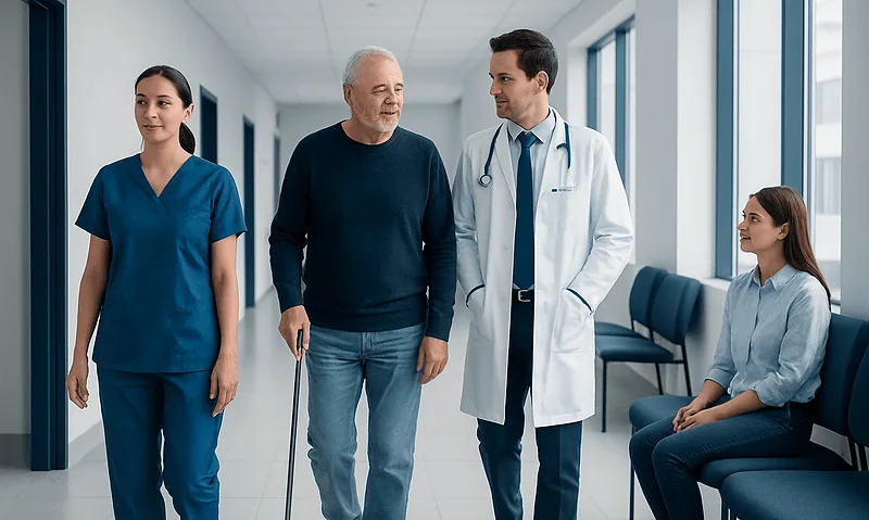 Patient talking with doctors and nurse in hospital corridor.