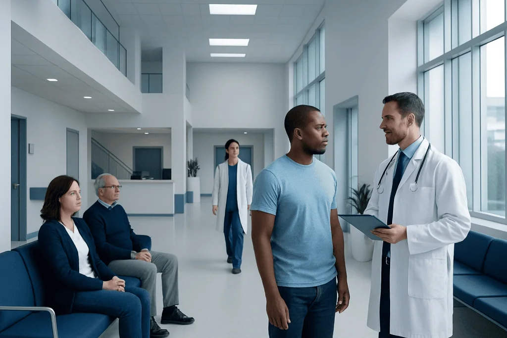 White Spot on Peni — Explained by Medical Evidence, Not Myths 1 Doctor consulting male patient in modern hospital corridor.