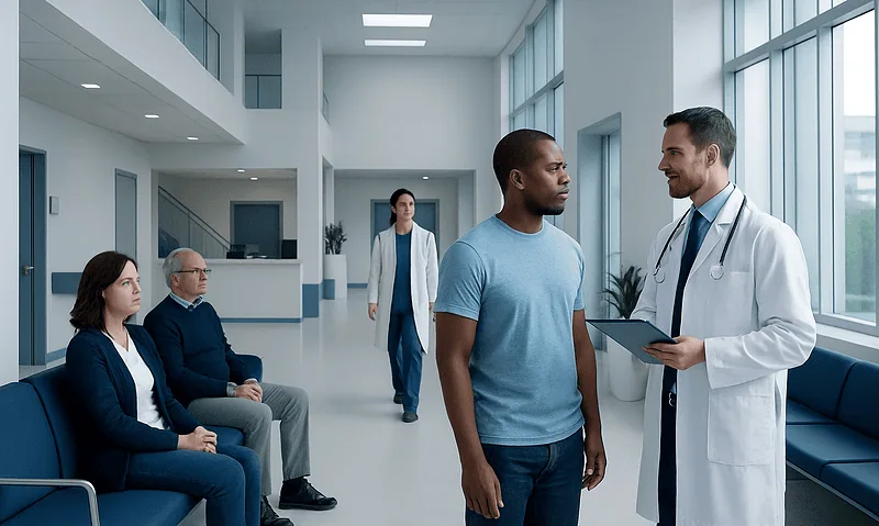 Doctor consulting male patient in modern hospital corridor.