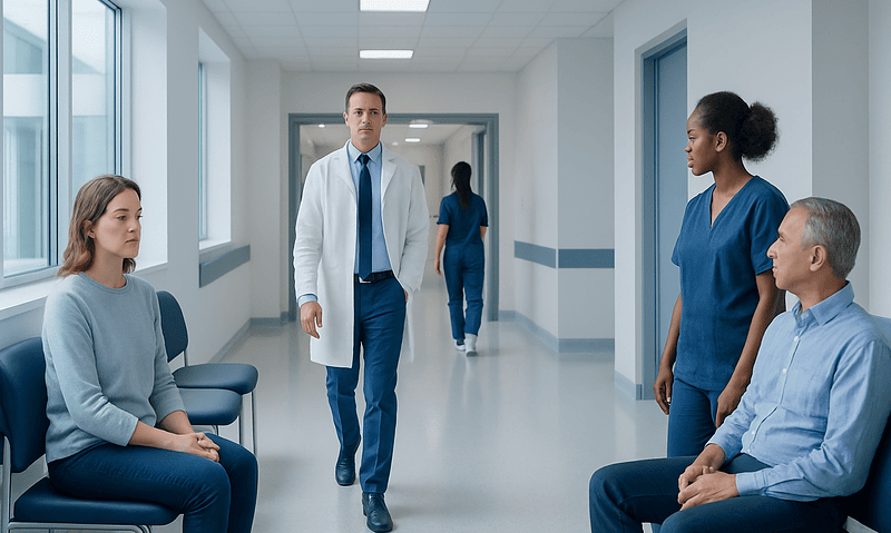 Medical consultation in hospital corridor with doctor and patients.