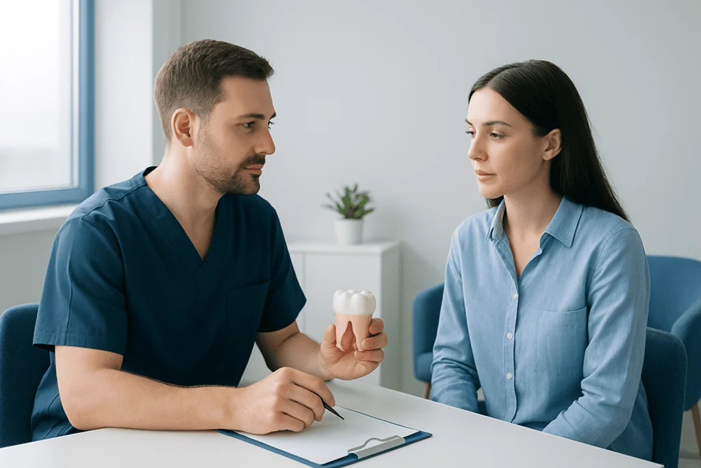 Dentist explaining zirconium crowns to a patient in a clinic.