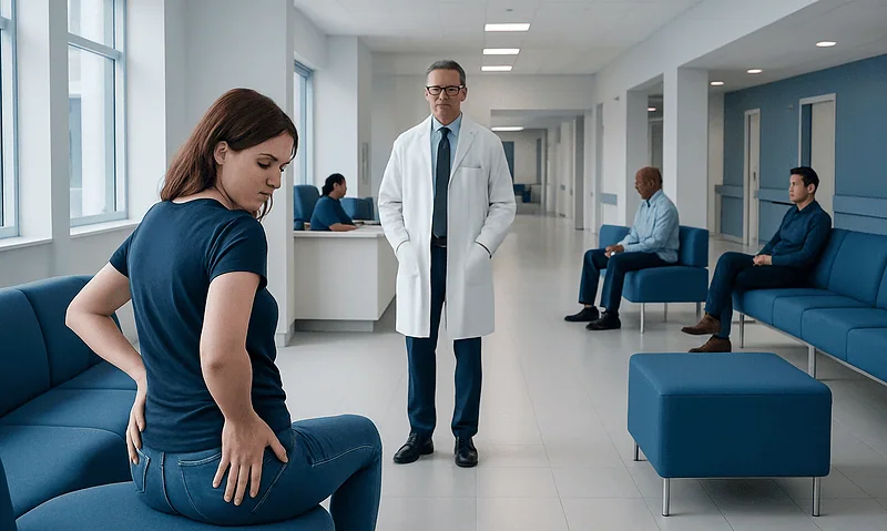 Patient experiencing lower back pain in a hospital waiting area.