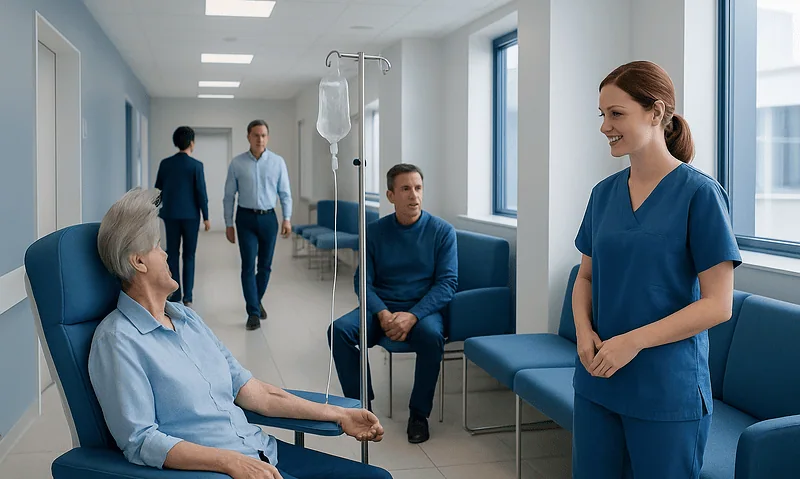 Patient receiving IV infusion in hospital corridor with medical staff nearby.