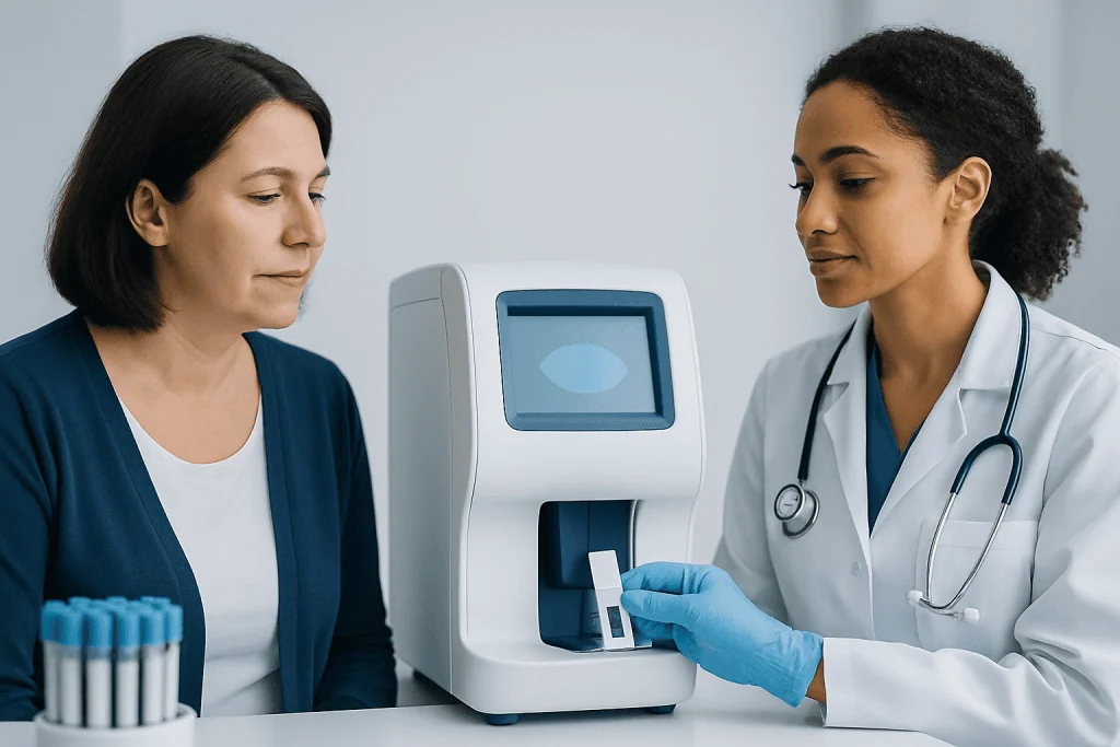 Medical professional explains blood test results to a patient in a clinical setting.