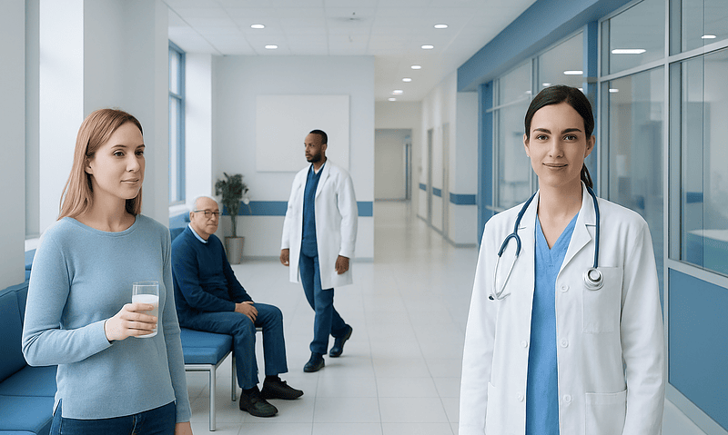 Healthcare professionals and patient in a modern hospital corridor.