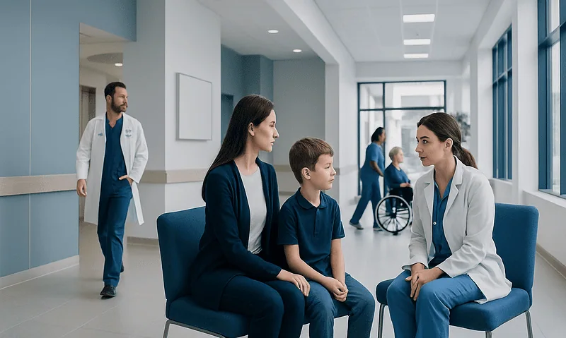 Child and mother consulting a doctor in a hospital corridor.