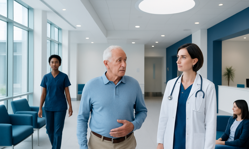 Doctor consulting with an elderly patient in a hospital corridor.
