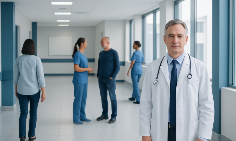 Medical team discussing patient care in hospital corridor with doctor in foreground.