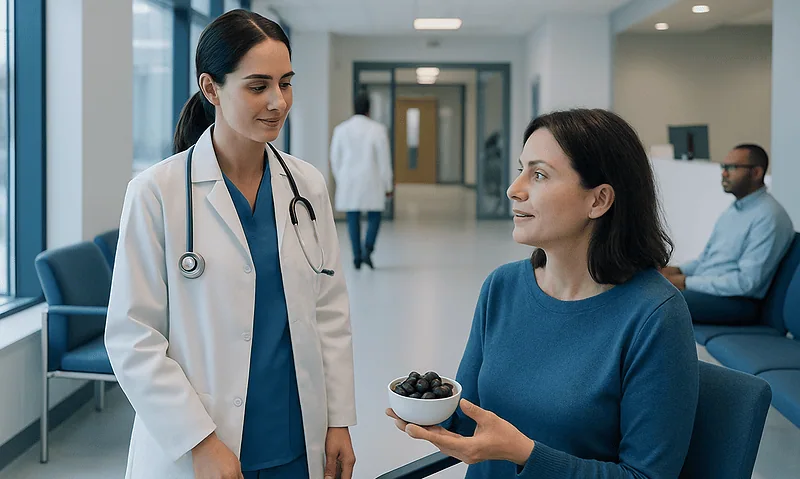 Doctor talking to patient in hospital corridor with a bowl of berries.