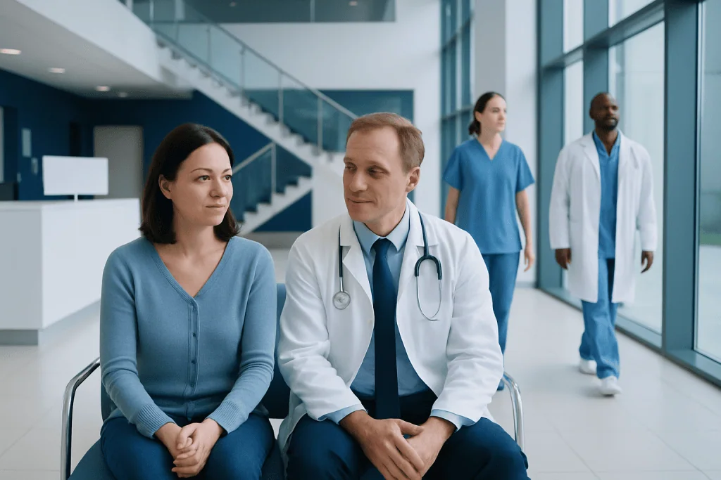 Acamprosate — Explained by Medical Evidence, Not Myths 1 Medical consultation in a modern hospital with doctors and patient.