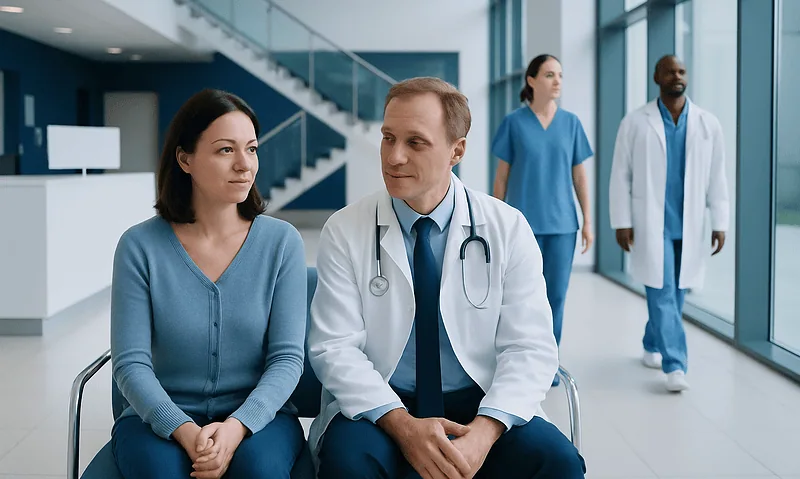 Medical consultation in a modern hospital with doctors and patient.