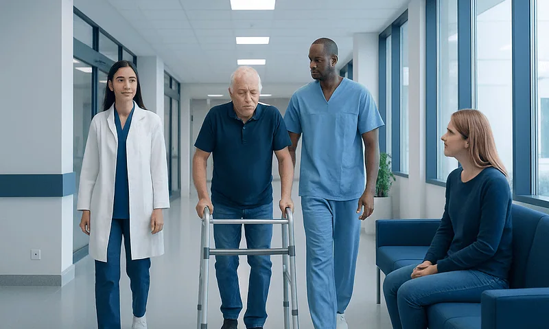 Elderly patient with walker in hospital corridor with medical staff.