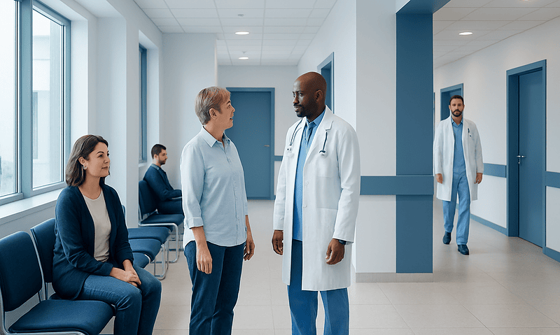 Medical consultation in hospital corridor with doctor and patients.