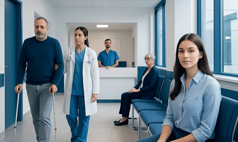 Diverse group of patients and medical staff in hospital corridor.
