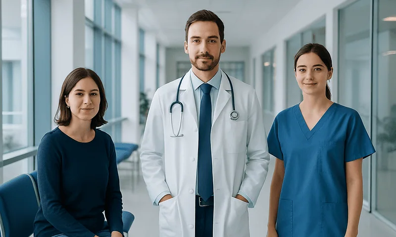 Medical team at Acibadem Hospitals Group in a modern hospital corridor.