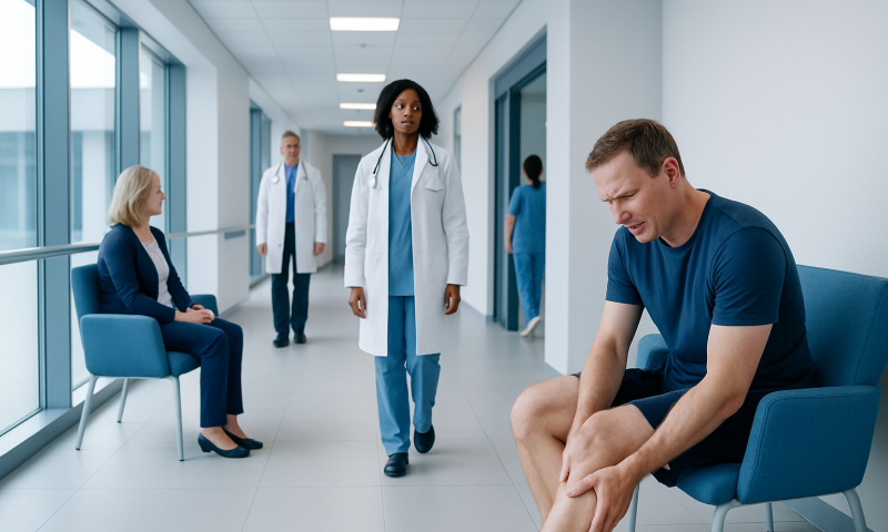 Patient with Achilles heel pain in a hospital corridor.