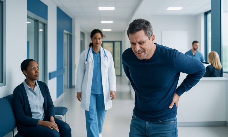 Man experiencing back pain in a hospital corridor with medical staff nearby.