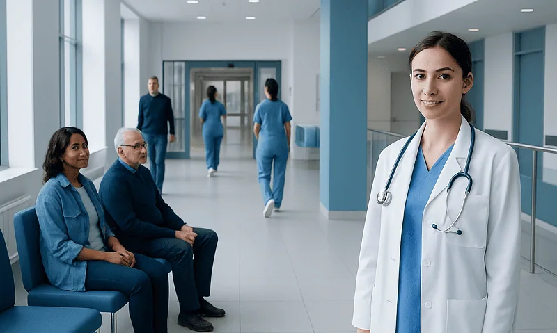 Healthcare professionals and patients in a modern hospital corridor.