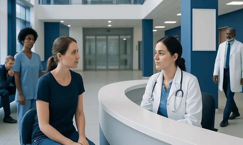 Doctor consulting with patient at Acibadem Hospital reception area.