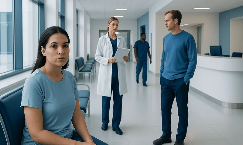 Medical consultation in a modern hospital corridor with patients and staff.