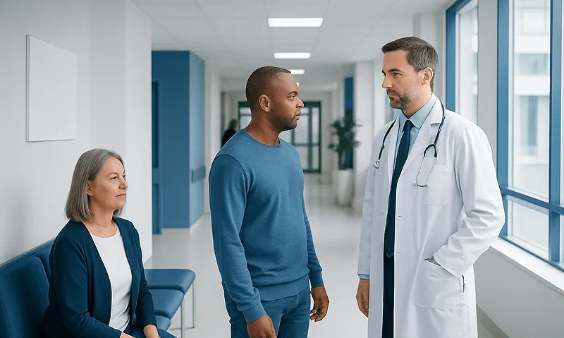 Doctor consulting with two patients in a hospital corridor.