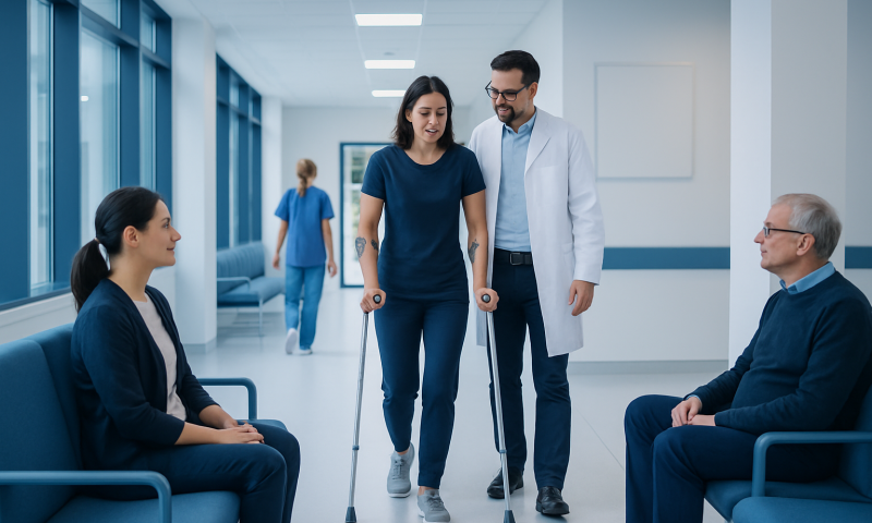 Patient using crutches during active recovery at Acibadem Hospital.