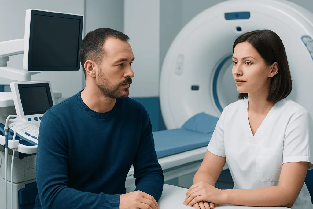 Patient consulting with a healthcare professional in a medical imaging room.